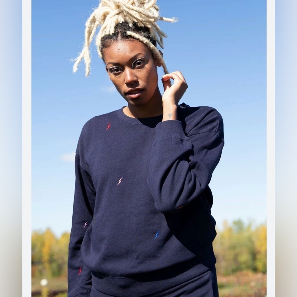 Love Stitch Dark Blue Sweater with embroidered Multicolor Bolt Accents